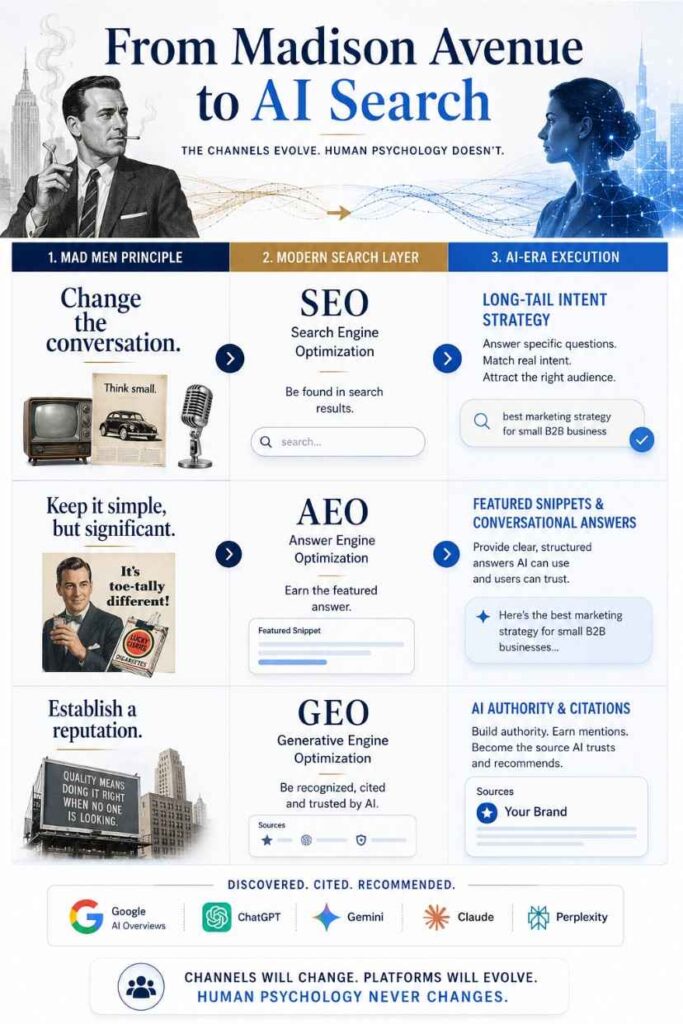 Why Your Business Is Disappearing From Google, Chatgpt And Ai Search — And What Don Draper Would Do About It 6 **Strategic Infographic Titled “From Madison Avenue To Ai Search” Comparing Classic Advertising Principles With Modern Seo, Aeo And Geo Strategies, Featuring A Don Draper-Style Figure, Ai-Era Visuals, Long-Tail Intent Strategy, Featured Snippets, Ai Authority And Citations Across Google Ai Overviews, Chatgpt, Gemini, Claude And Perplexity.**