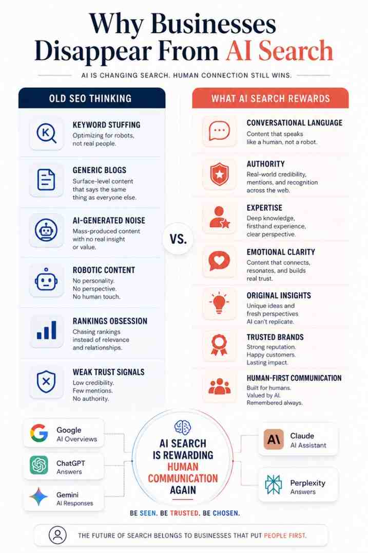 Why Your Business Is Disappearing From Google, Chatgpt And Ai Search — And What Don Draper Would Do About It 5 **Infographic Comparing Outdated Seo Tactics With Modern Ai Search Optimisation, Showing How Businesses Disappear From Ai Search Through Keyword Stuffing, Generic Blogs And Robotic Content, While Conversational Language, Authority, Expertise And Human-First Communication Improve Visibility Across Google Ai Overviews, Chatgpt, Gemini, Claude And Perplexity.**
