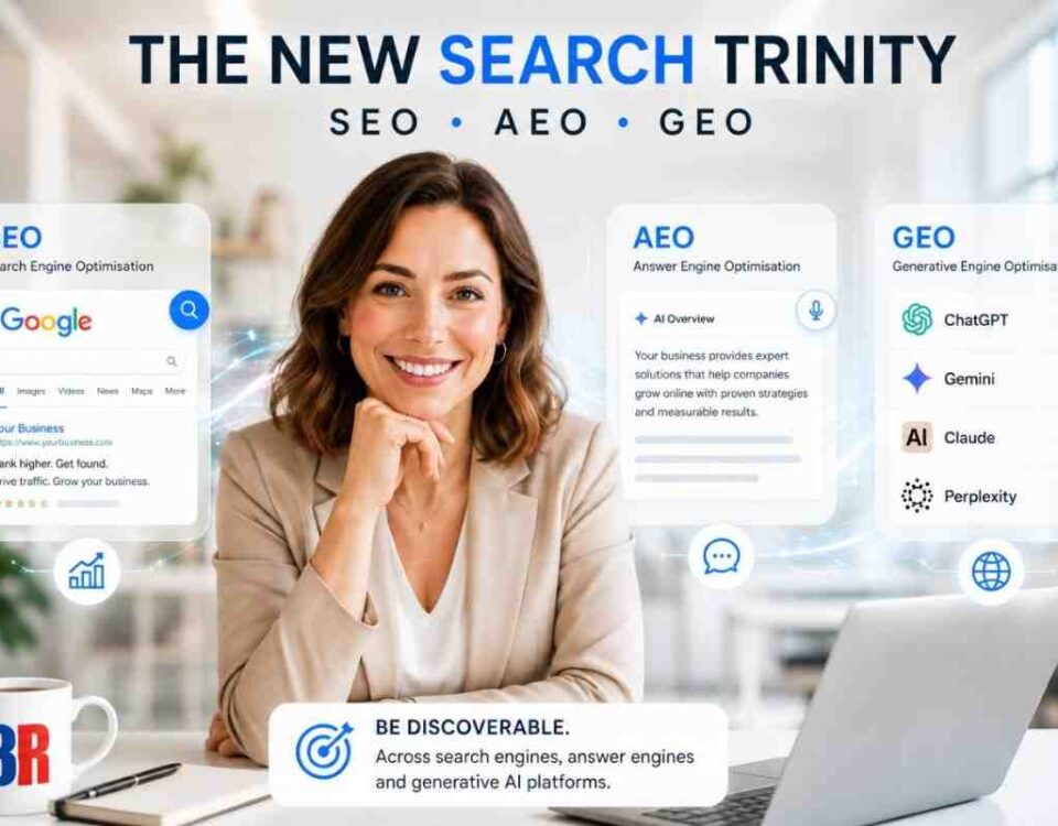 Smiling Businesswoman In A Modern Futuristic Office Surrounded By Seo, Aeo And Geo Search Interfaces, Illustrating How Businesses Can Improve Visibility Across Google, Ai Answer Engines And Generative Ai Platforms Like Chatgpt And Gemini.