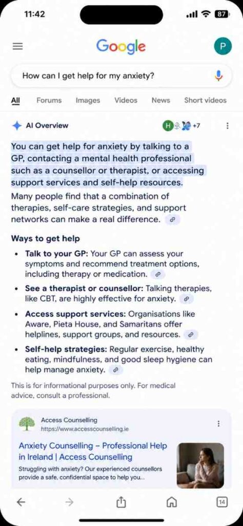 Why Your Business Is Disappearing From Google And Ai Search — And How 3R Builds The Architecture To Bring It Back 7 Mobile Google Voice Search Screenshot For “How Can I Get Help For My Anxiety?”, Showing An Ai Overview And An Access Counselling Result For Anxiety Counselling In Ireland.