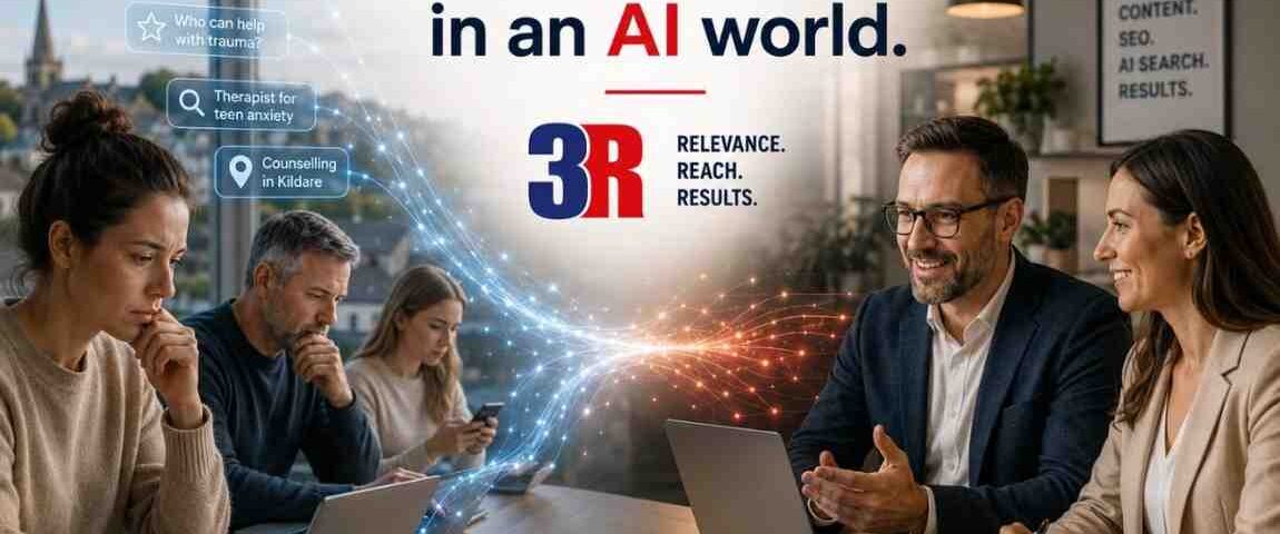 Why Your Business Is Disappearing From Google And Ai Search — And How 3R Builds The Architecture To Bring It Back 6 Photorealistic Image Showing People Searching Online For Help Connected By Ai Search Signals To Service Providers, With The Text “How To Be Found In An Ai World.”