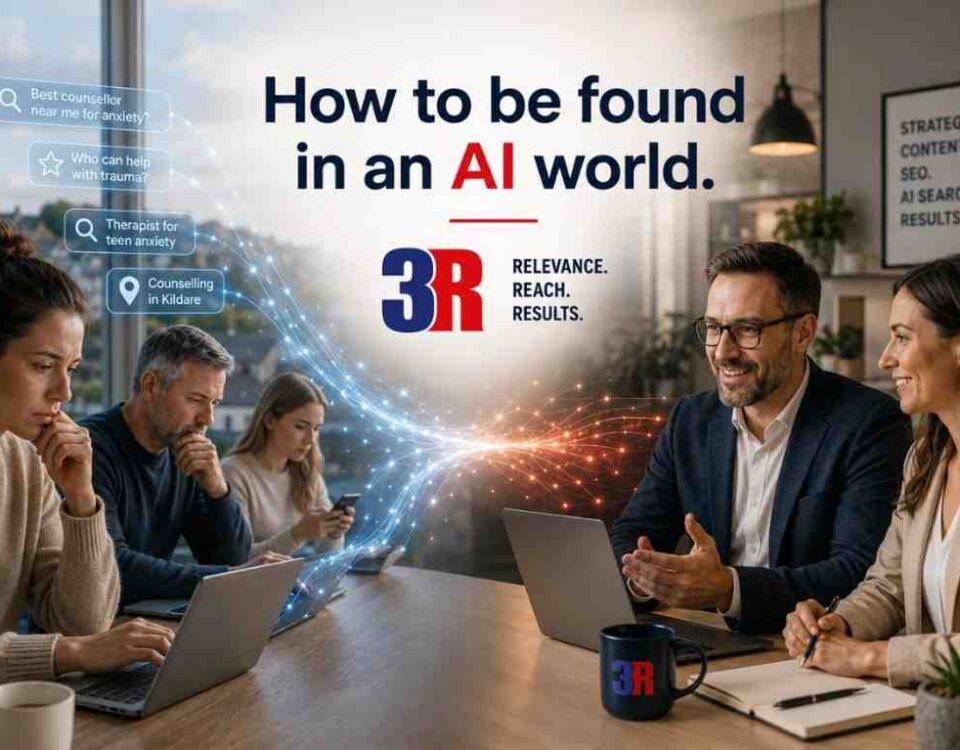 Why Your Business Is Disappearing From Google And Ai Search — And How 3R Builds The Architecture To Bring It Back 18 Photorealistic Image Showing People Searching Online For Help Connected By Ai Search Signals To Service Providers, With The Text “How To Be Found In An Ai World.”