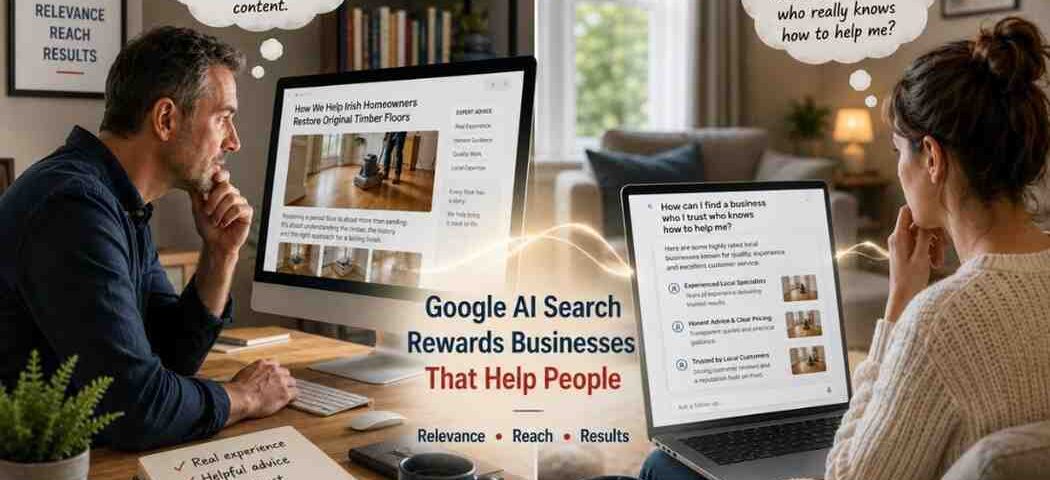 Google Ai Search: Has Google Finally Ended The Ai Seo Hype? 4 Photo-Realistic Split-Scene Showing A Business Owner Creating Authentic Website Content While A Customer Searches For A Trusted Company Using Google Ai Search, Illustrating How Helpful Expertise And Trust Matter More Than Seo Tricks In Modern Ai Search.