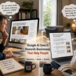 Google Ai Search: Has Google Finally Ended The Ai Seo Hype? 5 Photo-Realistic Split-Scene Showing A Business Owner Creating Authentic Website Content While A Customer Searches For A Trusted Company Using Google Ai Search, Illustrating How Helpful Expertise And Trust Matter More Than Seo Tricks In Modern Ai Search.