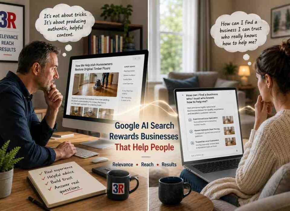 Google Ai Search: Has Google Finally Ended The Ai Seo Hype? 12 Photo-Realistic Split-Scene Showing A Business Owner Creating Authentic Website Content While A Customer Searches For A Trusted Company Using Google Ai Search, Illustrating How Helpful Expertise And Trust Matter More Than Seo Tricks In Modern Ai Search.