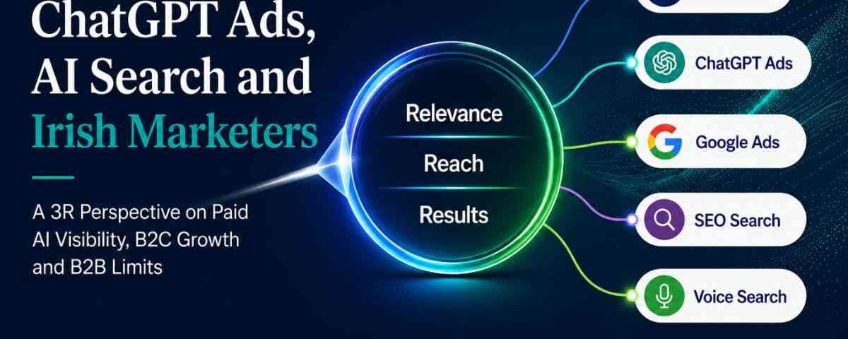 Chatgpt Ads, Ai Search And Irish Marketers: A 3R Perspective On Paid Ai Visibility, B2C Growth And B2B Limits 6 Strategic 3R Banner Graphic For An Article On Chatgpt Ads, Ai Search And Irish Marketers. A Central Lens Labelled Relevance, Reach And Results Connects To Ai Search, Chatgpt Ads, Google Ads, Seo Search And Voice Search, Showing How Fragmented Digital Discovery Can Be Brought Together Through Strategy.