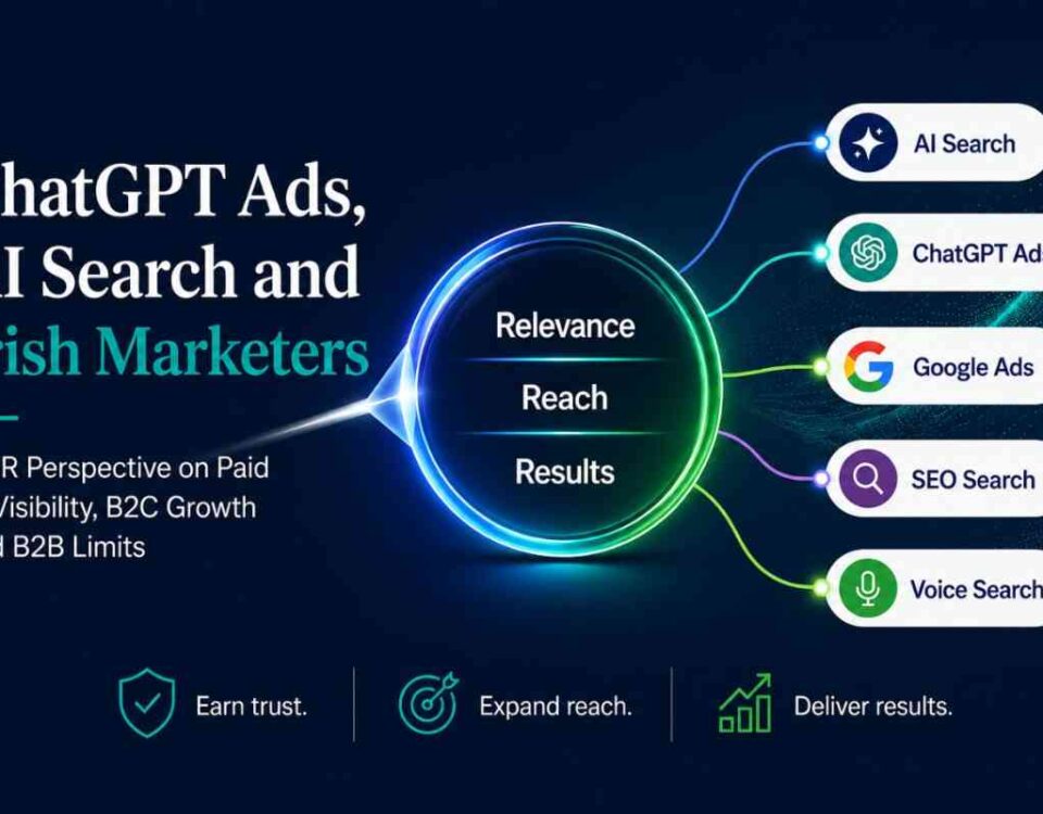Chatgpt Ads, Ai Search And Irish Marketers: A 3R Perspective On Paid Ai Visibility, B2C Growth And B2B Limits 14 Strategic 3R Banner Graphic For An Article On Chatgpt Ads, Ai Search And Irish Marketers. A Central Lens Labelled Relevance, Reach And Results Connects To Ai Search, Chatgpt Ads, Google Ads, Seo Search And Voice Search, Showing How Fragmented Digital Discovery Can Be Brought Together Through Strategy.