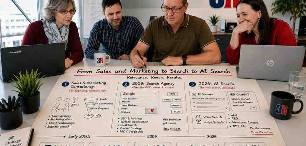 Google Ai Search Agency: Why 3R Uses Its Own System Before Selling It To You 4 Four 3R Colleagues Collaborate Around A Large Strategy Map In A Bright Modern Office. The Timeline Shows The Company’s Evolution From Sales And Marketing Consultancy, Through Search Agency Work In 2009, To Ai Search In 2026, Connecting Client Industries And Audiences With Search Questions, Website Content And Enquiries. The 3R Logo Appears In The Background, With The Message: “Same Principle. Smarter Systems. Stronger Results.”