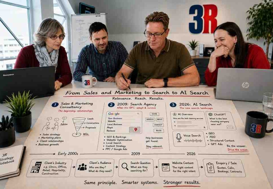 Google Ai Search Agency: Why 3R Uses Its Own System Before Selling It To You 12 Four 3R Colleagues Collaborate Around A Large Strategy Map In A Bright Modern Office. The Timeline Shows The Company’s Evolution From Sales And Marketing Consultancy, Through Search Agency Work In 2009, To Ai Search In 2026, Connecting Client Industries And Audiences With Search Questions, Website Content And Enquiries. The 3R Logo Appears In The Background, With The Message: “Same Principle. Smarter Systems. Stronger Results.”