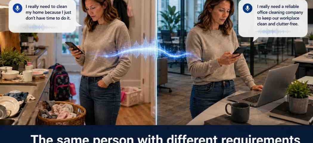 Google Ai Search For Cleaning Companies: Win Better Leads Without Wasted Clicks 6 Split-Screen Image Of The Same Woman Using Voice Search In Two Settings: At Home, Seeking Help Because She Does Not Have Time To Clean, And At Work, Looking For A Reliable Office Cleaning Company To Keep The Workplace Clean And Clutter-Free. A Voice Waveform Connects Both Scenes, With The Caption: “The Same Person With Different Requirements Will Use Different Search Terms.”