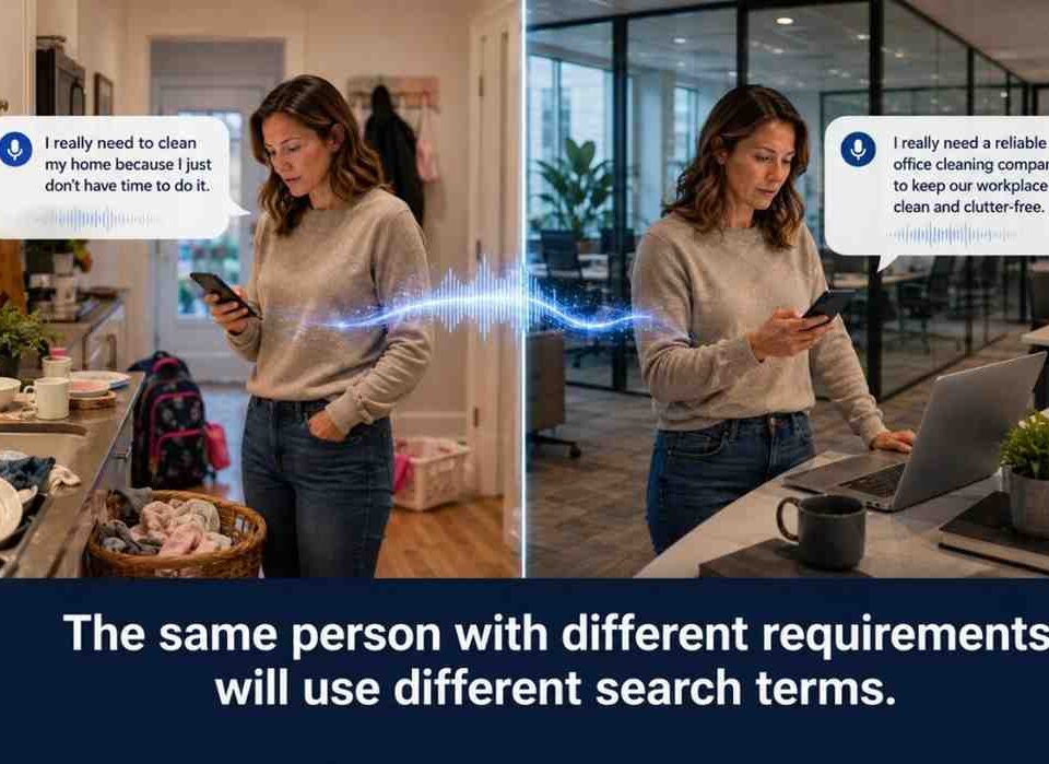 Google Ai Search For Cleaning Companies: Win Better Leads Without Wasted Clicks 14 Split-Screen Image Of The Same Woman Using Voice Search In Two Settings: At Home, Seeking Help Because She Does Not Have Time To Clean, And At Work, Looking For A Reliable Office Cleaning Company To Keep The Workplace Clean And Clutter-Free. A Voice Waveform Connects Both Scenes, With The Caption: “The Same Person With Different Requirements Will Use Different Search Terms.”