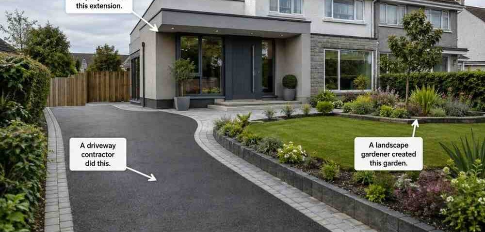 Google Ai Search For Driveway And Construction Contractors: How To Turn Real Project Expertise Into Better Local Leads 6 Modern Irish Family Home With A Contemporary Extension, Newly Laid Sma Tarmac Driveway With Block Paving Borders, And Landscaped Front Garden. Arrows Identify The Driveway Contractor, Construction Company And Landscape Gardener, With The Caption: “How Did The Owner Find These Contractors To Improve Their Home?”