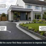 Google Ai Search For Driveway And Construction Contractors: How To Turn Real Project Expertise Into Better Local Leads 4 Modern Irish Family Home With A Contemporary Extension, Newly Laid Sma Tarmac Driveway With Block Paving Borders, And Landscaped Front Garden. Arrows Identify The Driveway Contractor, Construction Company And Landscape Gardener, With The Caption: “How Did The Owner Find These Contractors To Improve Their Home?”