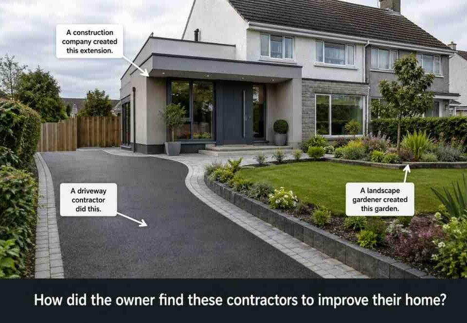 Google Ai Search For Driveway And Construction Contractors: How To Turn Real Project Expertise Into Better Local Leads 18 Modern Irish Family Home With A Contemporary Extension, Newly Laid Sma Tarmac Driveway With Block Paving Borders, And Landscaped Front Garden. Arrows Identify The Driveway Contractor, Construction Company And Landscape Gardener, With The Caption: “How Did The Owner Find These Contractors To Improve Their Home?”