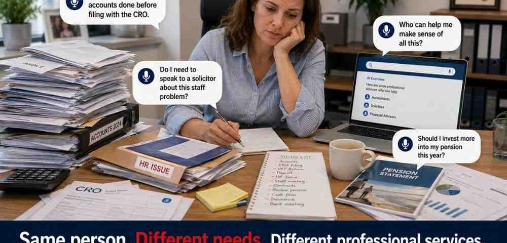 Google Ai Search For Professional Services: Win Trust Before The First Enquiry 4 Photorealistic Office Scene Of A Business Owner Surrounded By Accounts Paperwork, Cro Documents, An Hr Issue Folder, Pension Information And A Laptop. Voice-Search Questions Show Her Looking For Help With Filing Accounts, A Staff Problem, Pension Investment And Choosing The Right Professional Adviser. Caption: “Same Person. Different Needs. Different Professional Services.”