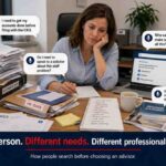 Photorealistic Office Scene Of A Business Owner Surrounded By Accounts Paperwork, Cro Documents, An Hr Issue Folder, Pension Information And A Laptop. Voice-Search Questions Show Her Looking For Help With Filing Accounts, A Staff Problem, Pension Investment And Choosing The Right Professional Adviser. Caption: &ldquo;Same Person. Different Needs. Different Professional Services.&rdquo;