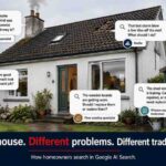 Google Ai Search For Tradesmen: How Real Home Repair Expertise Wins Better Leads 4 Photorealistic Irish Family Home With Five Everyday Maintenance Concerns Shown As Search Questions: Exterior Painting, Worn Wooden Floors, Chimney Smoke, Missing Roof Tiles And A Leaking Shed Window. Each Problem Is Linked To The Relevant Tradesman, With The Caption: “One House. Different Problems. Different Tradesmen.”