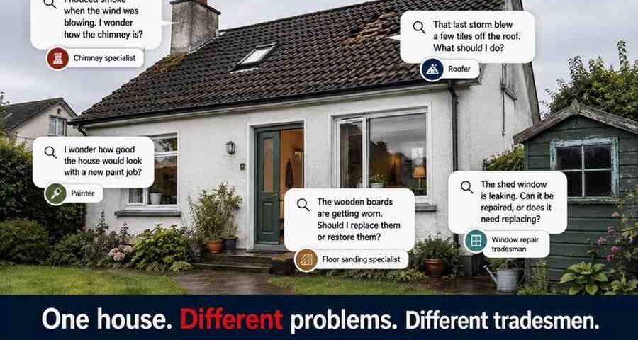 Google Ai Search For Tradesmen: How Real Home Repair Expertise Wins Better Leads 6 Photorealistic Irish Family Home With Five Everyday Maintenance Concerns Shown As Search Questions: Exterior Painting, Worn Wooden Floors, Chimney Smoke, Missing Roof Tiles And A Leaking Shed Window. Each Problem Is Linked To The Relevant Tradesman, With The Caption: “One House. Different Problems. Different Tradesmen.”