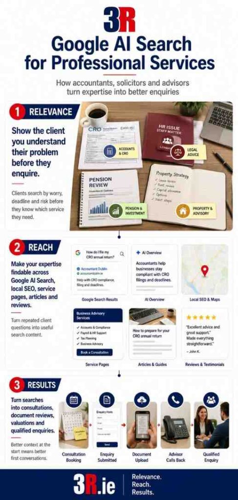 Google Ai Search For Professional Services: Win Trust Before The First Enquiry 5 Mobile-First 3R Infographic Titled “Google Ai Search For Professional Services.” It Shows How Accountants, Solicitors And Advisors Build Relevance By Addressing Real Client Concerns Around Cro Filings, Hr And Legal Issues, Pensions And Property Advice; Extend Reach Through Ai Search, Local Seo, Service Pages, Articles And Reviews; And Turn Searches Into Consultation Bookings, Enquiries, Document Uploads, Callbacks And Qualified Clients. Footer: 3R.ie — Relevance. Reach. Results.