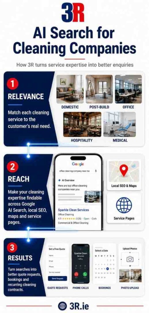 Google Ai Search For Cleaning Companies: Win Better Leads Without Wasted Clicks 7 Mobile-First 3R Infographic Explaining Ai Search For Cleaning Companies Through The Relevance, Reach And Results Framework. Relevance Matches Services Such As Domestic, Post-Build, Office, Hospitality And Medical Cleaning To Customer Needs. Reach Shows Visibility Across Google Ai Search, Local Seo, Maps And Service Pages. Results Highlights Quote Requests, Phone Calls, Bookings And Photo Uploads That Lead To Recurring Cleaning Contracts. Footer: 3R.ie.